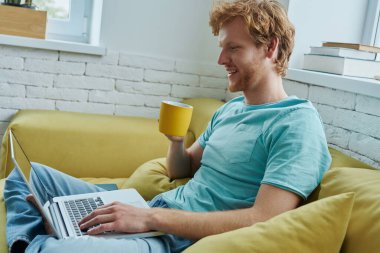 Yakışıklı kızıl adam dizüstü bilgisayar kullanıyor ve evdeki kanepede otururken sıcak içkinin tadını çıkarıyor.