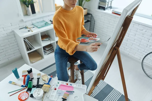 Top View Young Woman Drawing Art Studio — Photo