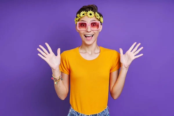 Excited Funky Woman Floral Head Wreath Gesturing While Standing Purple — Stock Photo, Image