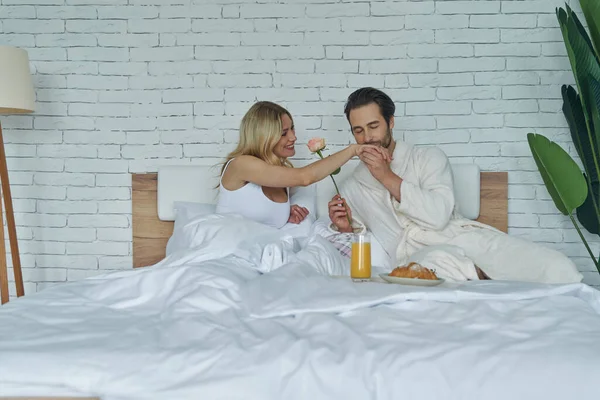 Handsome Man Kissing Hand His Girlfriend While Having Breakfast Bed — Stock Fotó