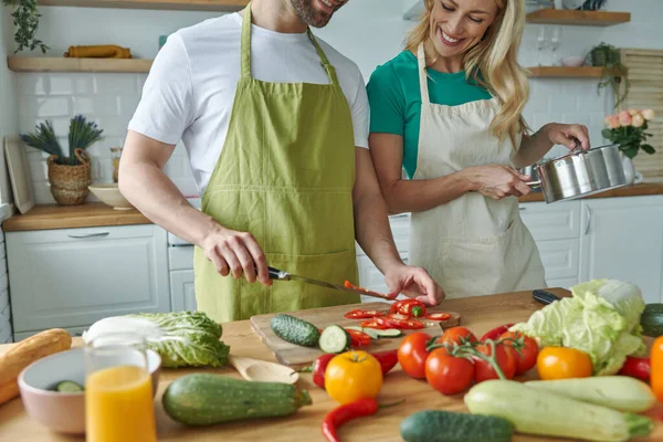 Close Young Couple Cooking Together Domestic Kitchen — Stockfoto