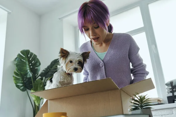 Surprised Young Woman Little Cute Dog Looking Box — Stok fotoğraf