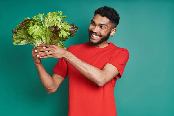 Happy African Man Looking Bunch Lettuce While Standing Green Background —  Fotos de Stock