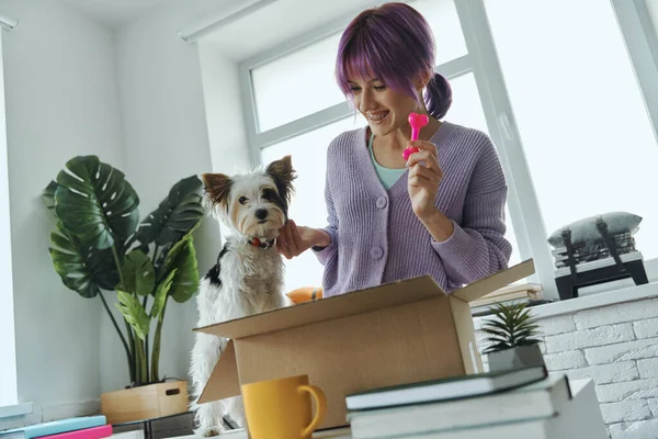 Beautiful Young Woman Unpacking Box While Her Cute Dog Sitting — Stok fotoğraf