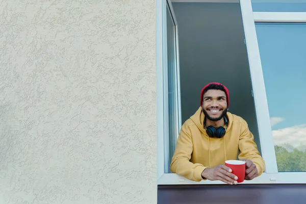 Shot Handsome African Man Looking Out Window Holding Cup — Photo