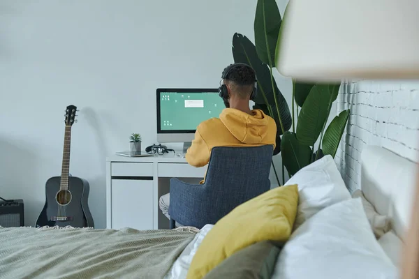 Rear View African Man Using Computer While Sitting His Working — 스톡 사진