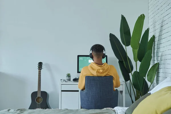 Rear View African Man Using Computer While Sitting His Working — 스톡 사진