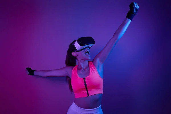 Happy Young Woman Virtual Reality Glasses Keeping Arms Outstretched — Stockfoto