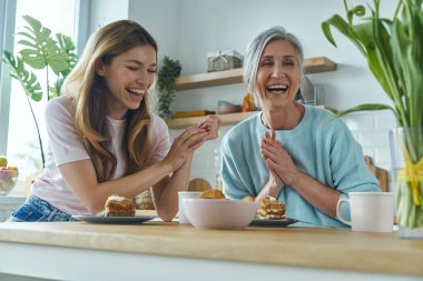 Beautiful senior woman and her adult daughter laughing together while spending time at the kitchen