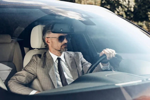 Confident Mature Man Formalwear Eyeglasses Driving Car — Stockfoto