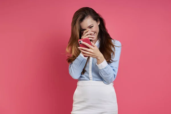 Shy Young Woman Holding Smart Phone Covering Face Hand Colored — 스톡 사진