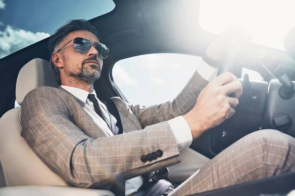 Low Angle View Good Looking Mature Man Formalwear Driving Car — Foto Stock
