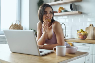 Beautiful young woman using laptop and eating cookies while sitting at the kitchen counter