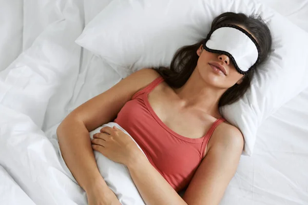 Top View Beautiful Woman Wearing Sleeping Mask While Lying Bed — Stock Photo, Image