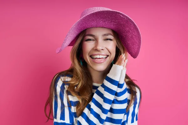 Attractive Young Woman Pink Hat Smiling While Standing Colored Background — Stock Photo, Image