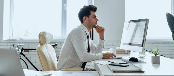 Confident Man Shirt Tie Using Computer While Sitting His Working — Photo