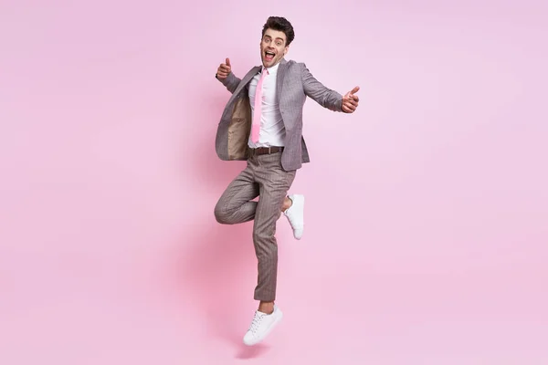 Happy Young Man Full Suit Jumping Pink Background — Stock fotografie