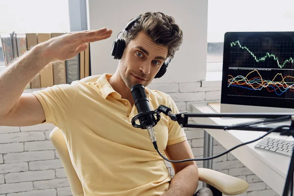 Handsome Man Headphones Using Microphone Gesturing While Recording His Business — Stock Photo, Image