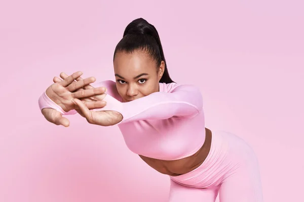 Beautiful Young Woman Doing Stretching Exercises Pink Background — 스톡 사진