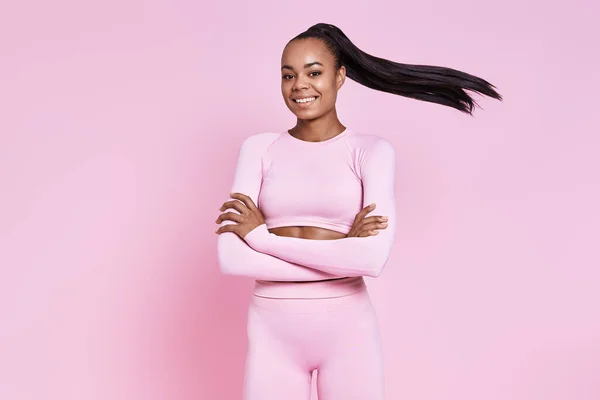 Happy Young African Woman Sports Clothing Standing Pink Background —  Fotos de Stock