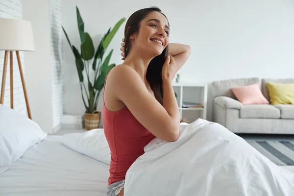 Happy Young Woman Enjoying Lazy Time Bed Waking — Stock Fotó