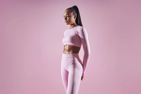 Beautiful Young African Woman Sports Clothing Standing Pink Background — Foto de Stock
