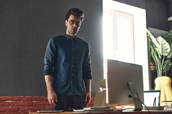 Handsome Young Man Standing His Working Place Office — Stock Photo, Image