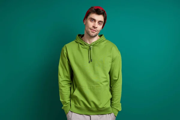 Handsome Young Man Looking Camera While Standing Green Background — Foto Stock