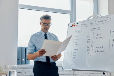 Confident English teacher going through papers while standing near the whiteboard at classroom