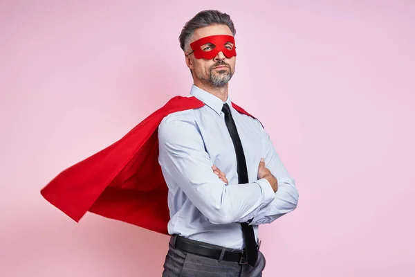 Confident Man Shirt Tie Wearing Superhero Cape Keeping Arms Crossed — Photo