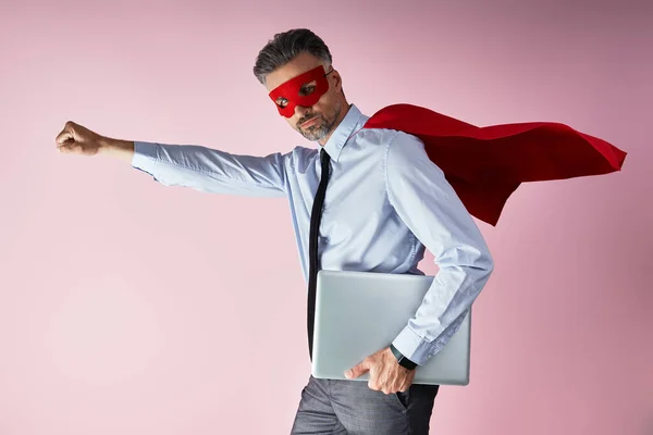 Confident Man Shirt Tie Wearing Superhero Cape Carrying Laptop Pink — Foto de Stock