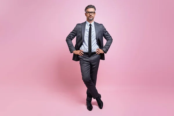 Confident Mature Man Full Suit Holding Hands Hip While Standing — Foto Stock
