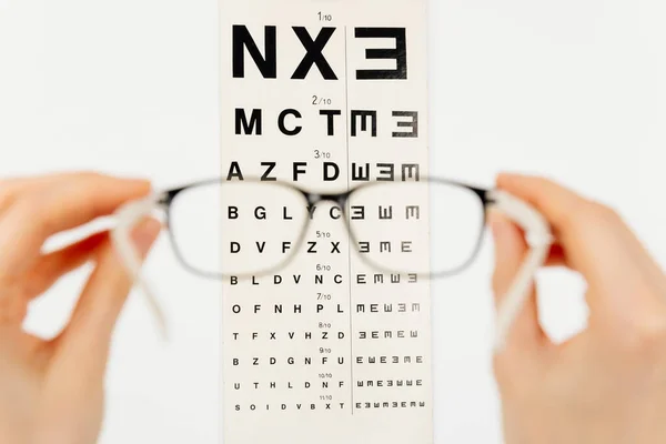 Blurry Pose Two Hands Holding Eyeglasses Front Eye Chart Focus — Stock Photo, Image