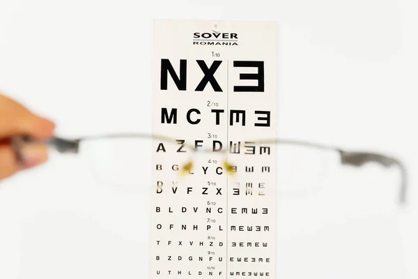 Gözlük Lenslerinden Görünen Göz Tablosundaki Harflerin Yakınlaştırılması Beyaz Üzerine Izole — Stok fotoğraf