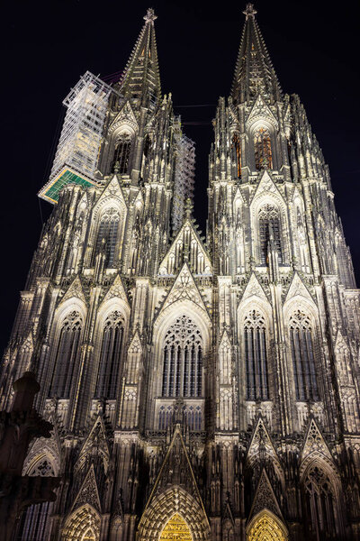 Night front view of the Cologne Cathedral, Germany. This is the largest Gothic church in Northern Europe.