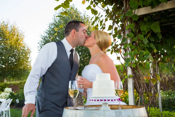 Bruid en bruidegom cake snijden — Stockfoto