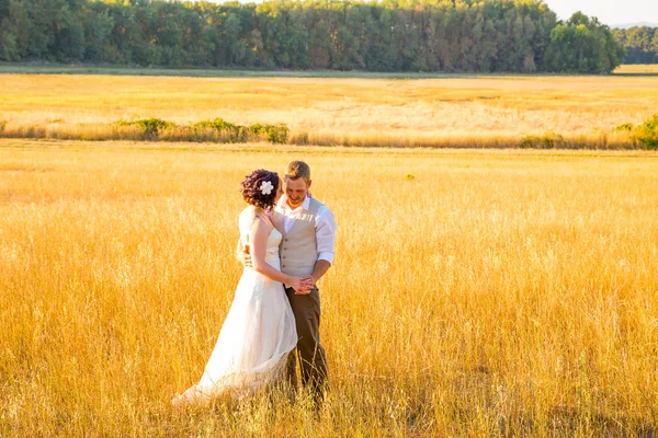 Gelin ve damat bir alanda gün batımında — Stok fotoğraf