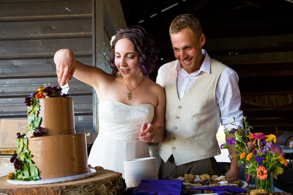 Gelin ve damat düğün pastasını kesiyor — Stok fotoğraf