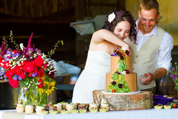 Braut und Bräutigam schneiden Hochzeitstorte — Stockfoto