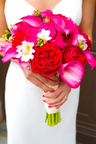 Bride Holding Bouquet of Mixed Flowers — Stock Photo, Image