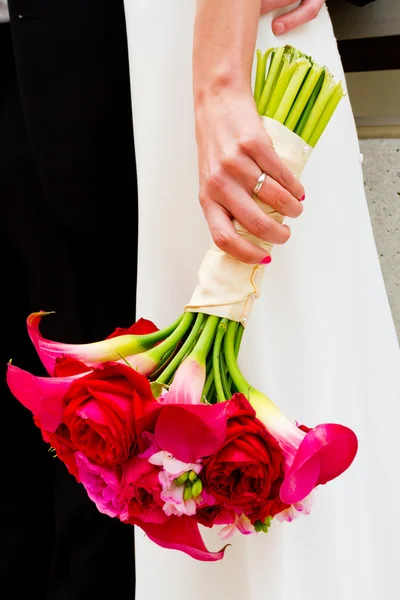 Bride Holding Bouquet of Mixed Flowers — Stock Photo, Image