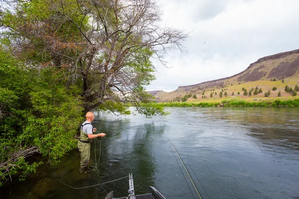 Fly Fisherman Casting on the Deschutes River — Stock Photo, Image