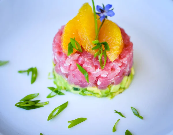 Delicious Tuna Tartar Fresh Avocado Orange — Stock Photo, Image