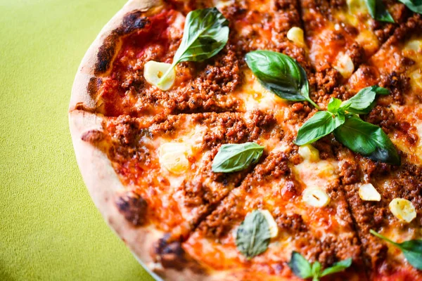 Tasty Bolognese Pizza Fresh Basil Jogdíjmentes Stock Képek