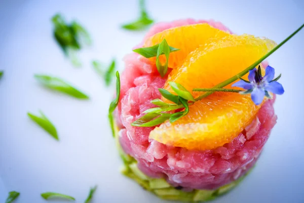 Delicious Tuna Tartar Fresh Avocado Orange Foto Stock Royalty Free