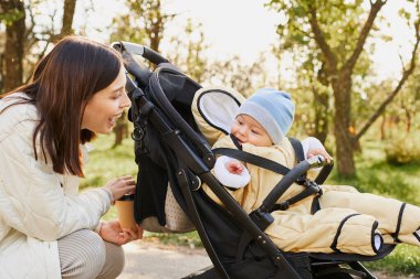 Genç anne dışarıda ve sonbahar parkında yürüyor. Sonbaharda renkli ağaçlar ve çalılar. Güzel bir günde bebekle vakit geçirmek. Huzurlu bir gezinti..