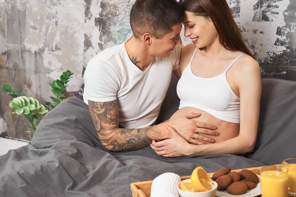 Young Couple Waiting Birth Child Have Breakfast Together Bed Young — Stock Photo, Image