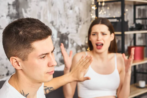Frustration Offended European Millennial Husband Ignoring Screaming Wife Sitting Bed —  Fotos de Stock