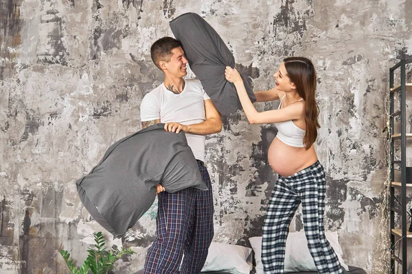 Cheerful Pregnant Woman Cheer Handsome Guy Married Couple Love Playing — Stock Photo, Image