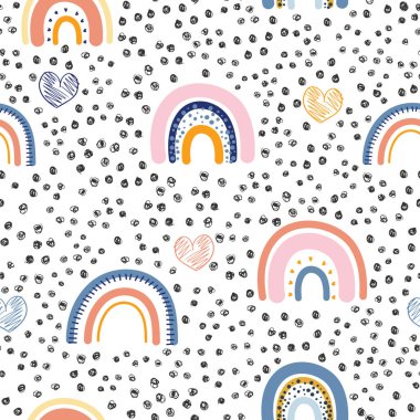 Renkli gökkuşakları, kalpler ve siyah noktalar kusursuz tekrar desenleri gösteriyor. Paket, kumaş, tekstil ya da kağıt projeleri için el çizimi tekrarlar. Vektör illüstrasyonu.   